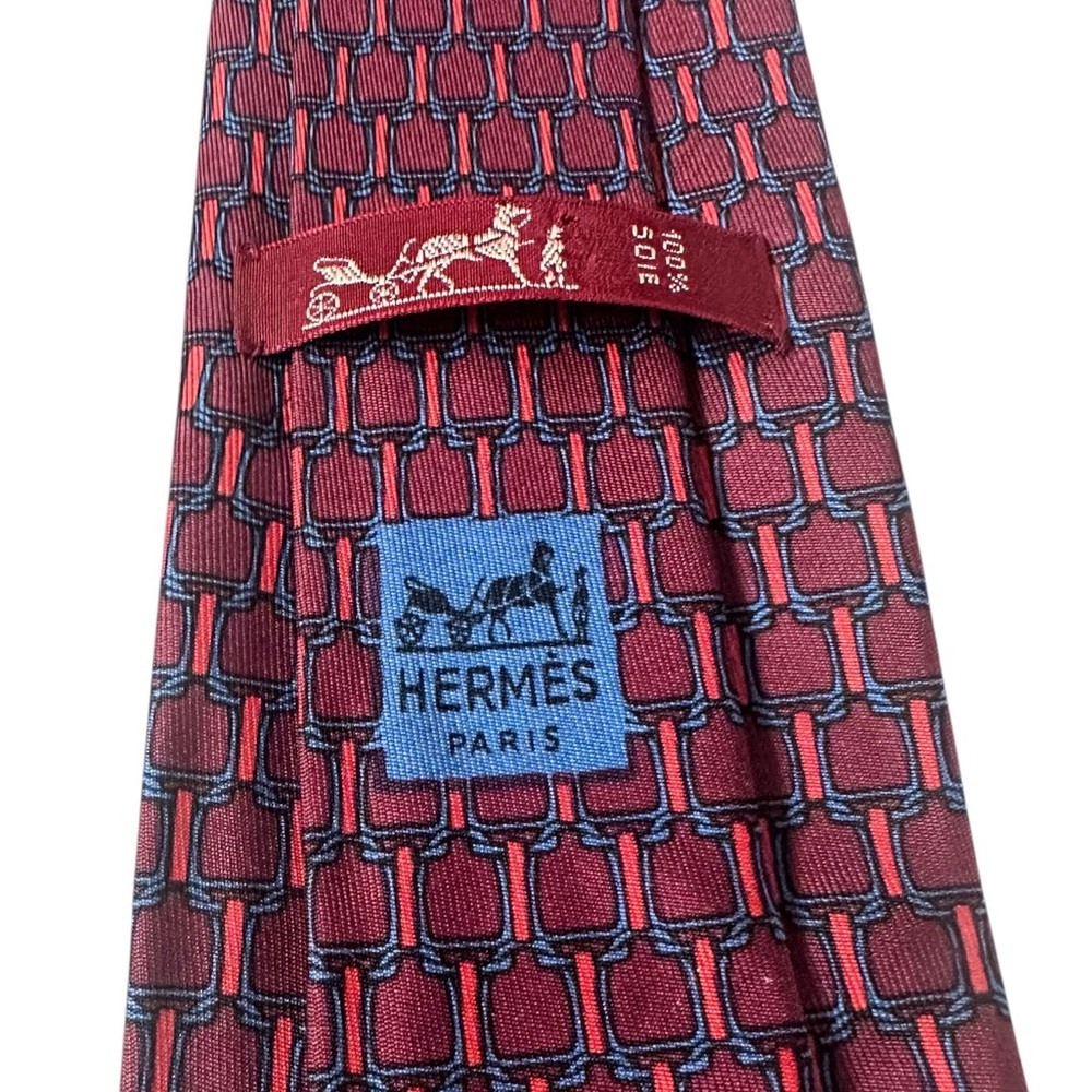 Hermès Silk Tie Luxury Burgundy, Red & Blue Equestrian Geometric Print Silk Tie